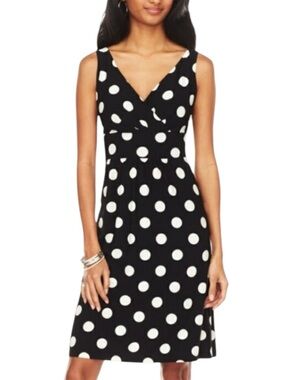 CHAPS Polka Dot V-Neck Black / White Fit-and-Flare Dress Size Large -- PREPPY